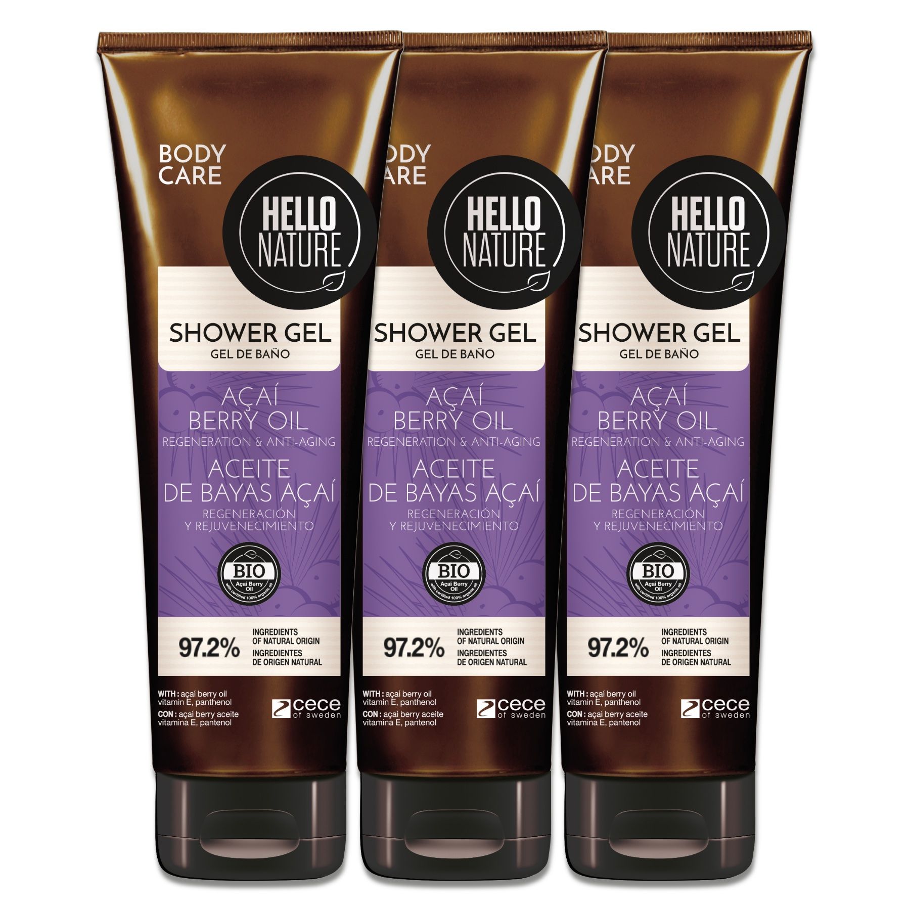 Hello Nature Duschgel Herren Damen mit Acai-Beeren für die Körperpflege 3x250 ml