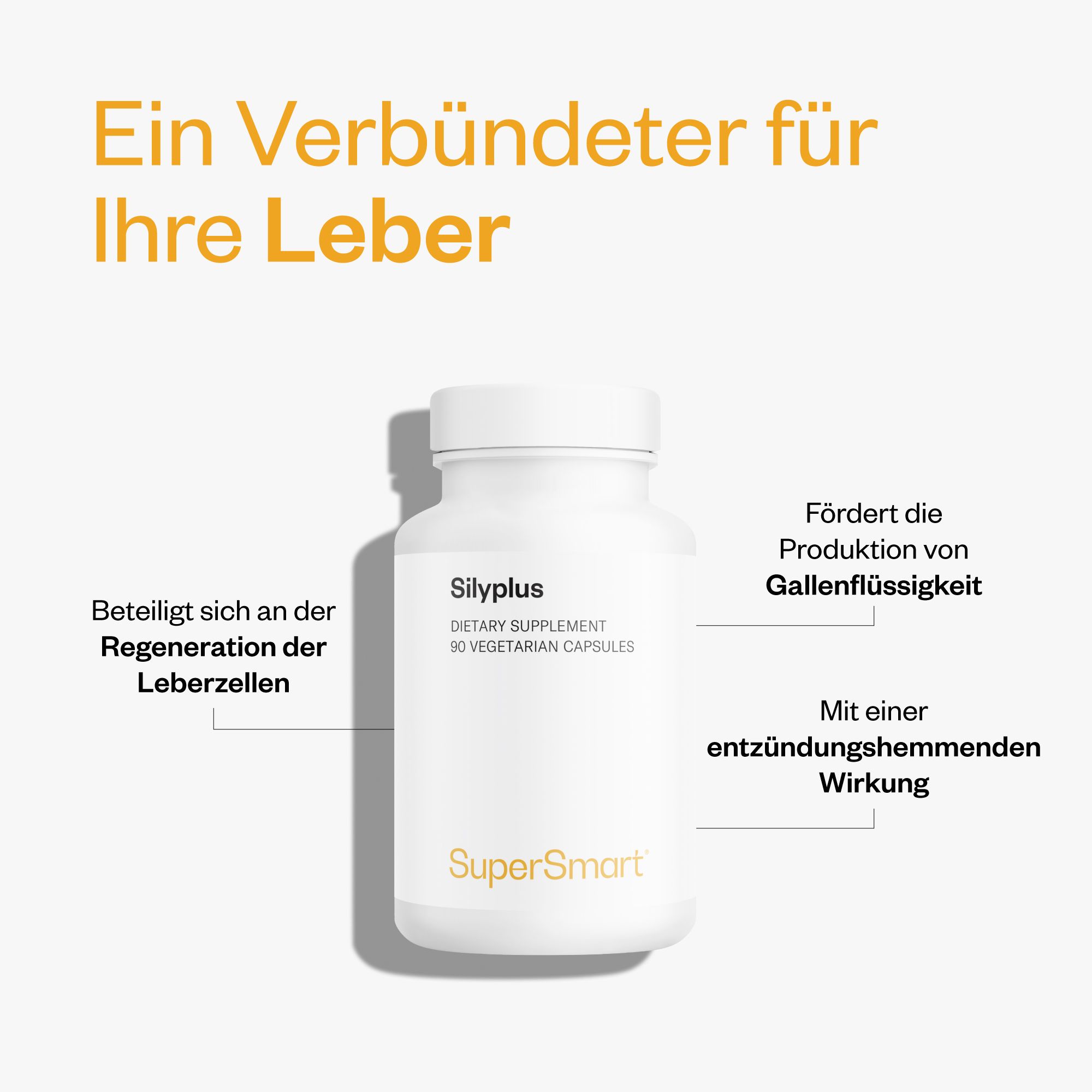 Weiße Flasche Silyplus. Text: Dietary Supplement, 90 vegetarische Kapseln. SuperSmart-Logo. Text: Fördert die Produktion von Gallenflüssigkeit.