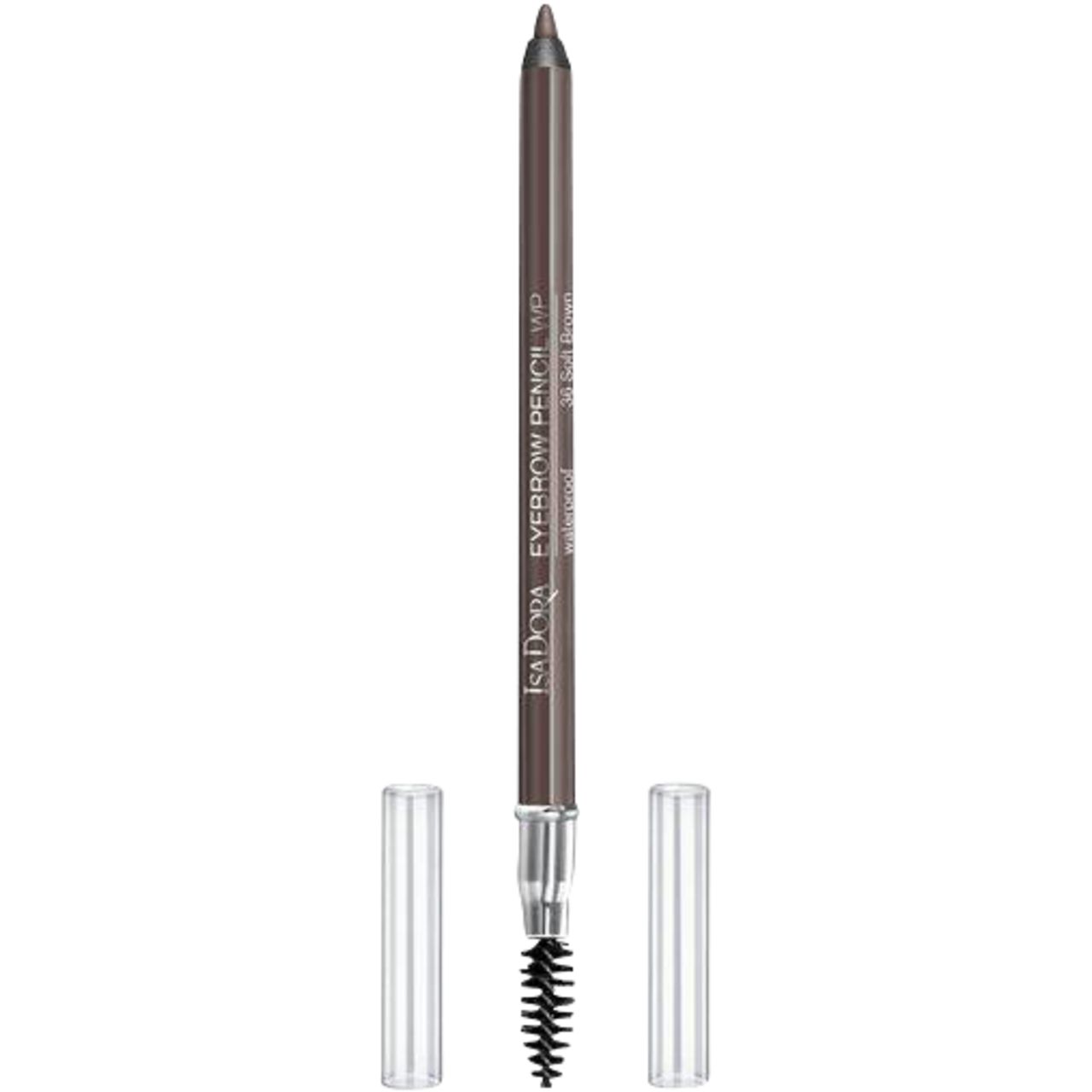 IsaDora Eyebrow Pencil Waterproof. Brauner Augenbrauenstift mit Bürste. Kappen daneben. Aufschrift: Waterproof.