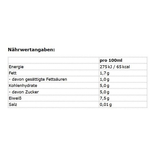 Nährwertangaben auf weißem Hintergrund. Tabelle mit Werten für Energie, Fett, Kohlenhydrate, Eiweiß und Salz pro 100ml.