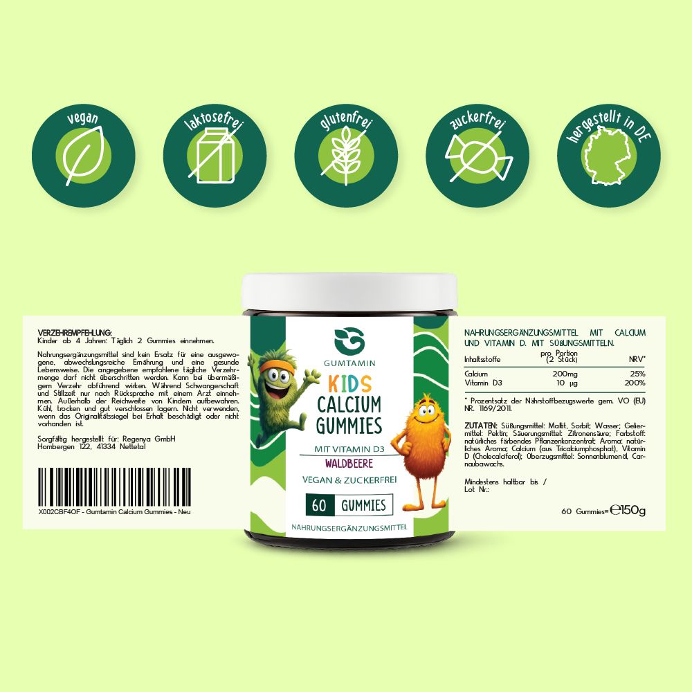 Dose Gumtamin Calcium + D3 Gummibärchen für Kinder. Aufschrift: Kids Calcium Gummies, Waldbeere, vegan & zuckerfrei. 60 Gummies. Zutatenliste.