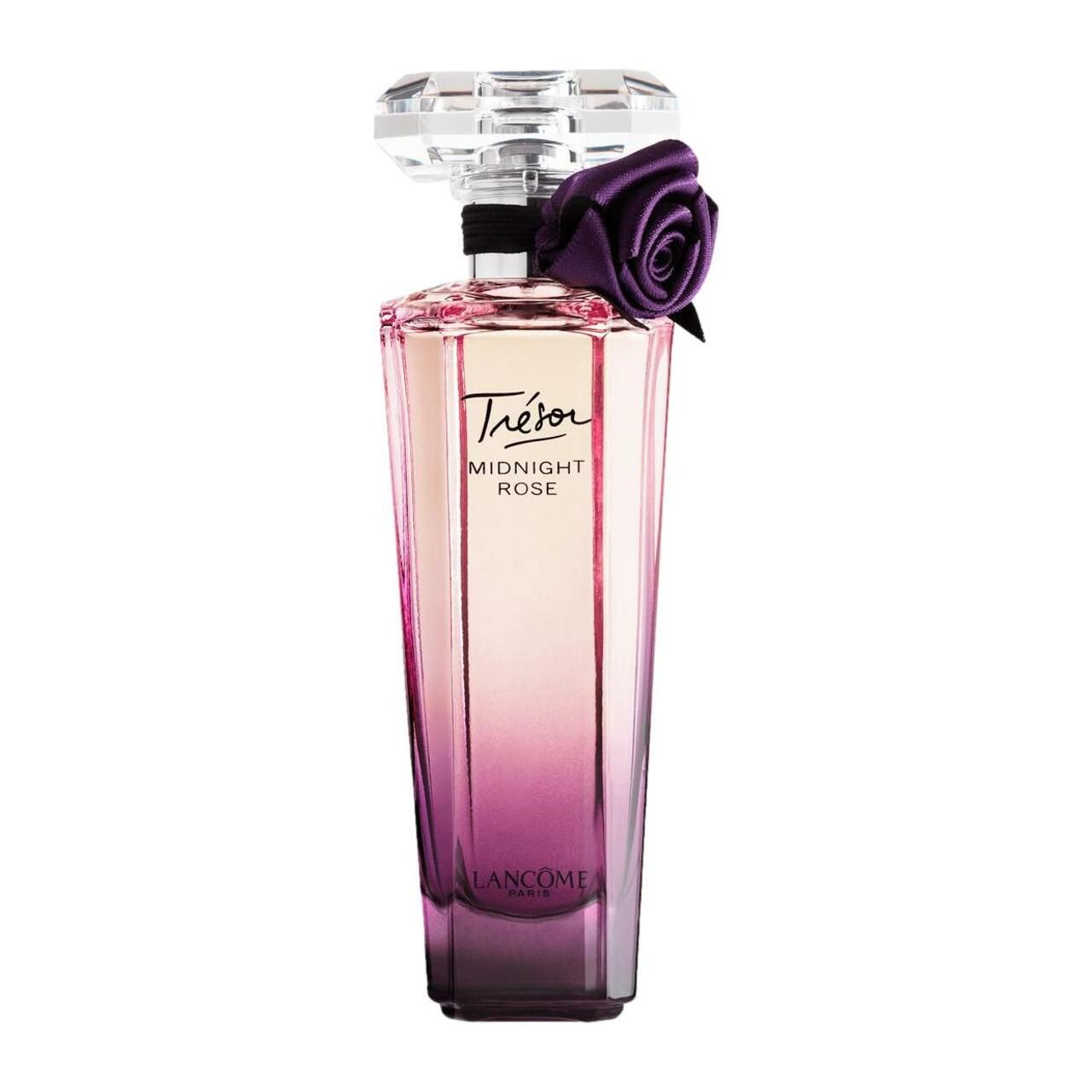 Parfümflakon Trésor Midnight Rose mit Farbverlauf von rosa nach violett. Mit Kristallverschluss und lila Rose.