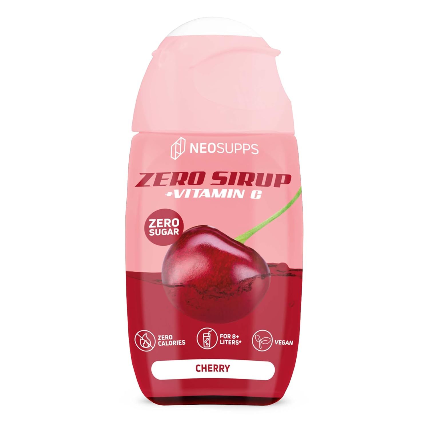 Flasche Zero Sirup, Cherry Geschmack, mit Vitamin C. Aufschrift: Zero Sugar, Zero Calories, Vegan. Kirsche abgebildet.