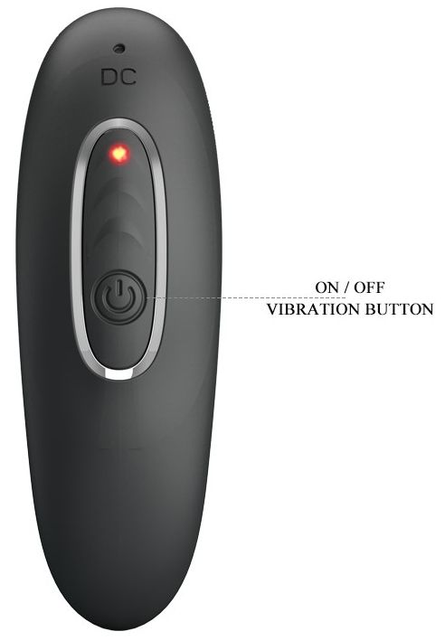 Schwarzes Wellness-Produkt. Bedienfeld mit Ein-/Aus-Vibrationstaste und roter LED-Anzeige.