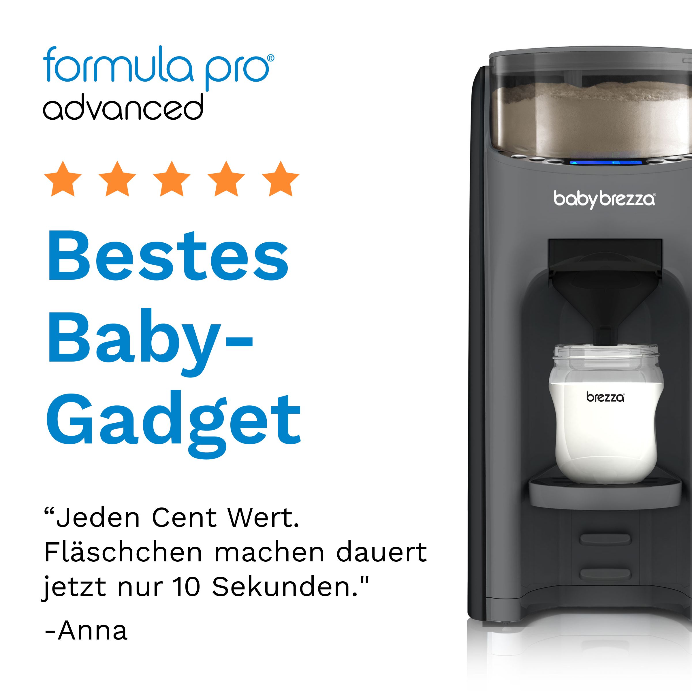 Baby Brezza Formula Pro Advanced: Auszeichnung "Bestes Baby-Gadget". Schnelle Zubereitung von Fläschchen.