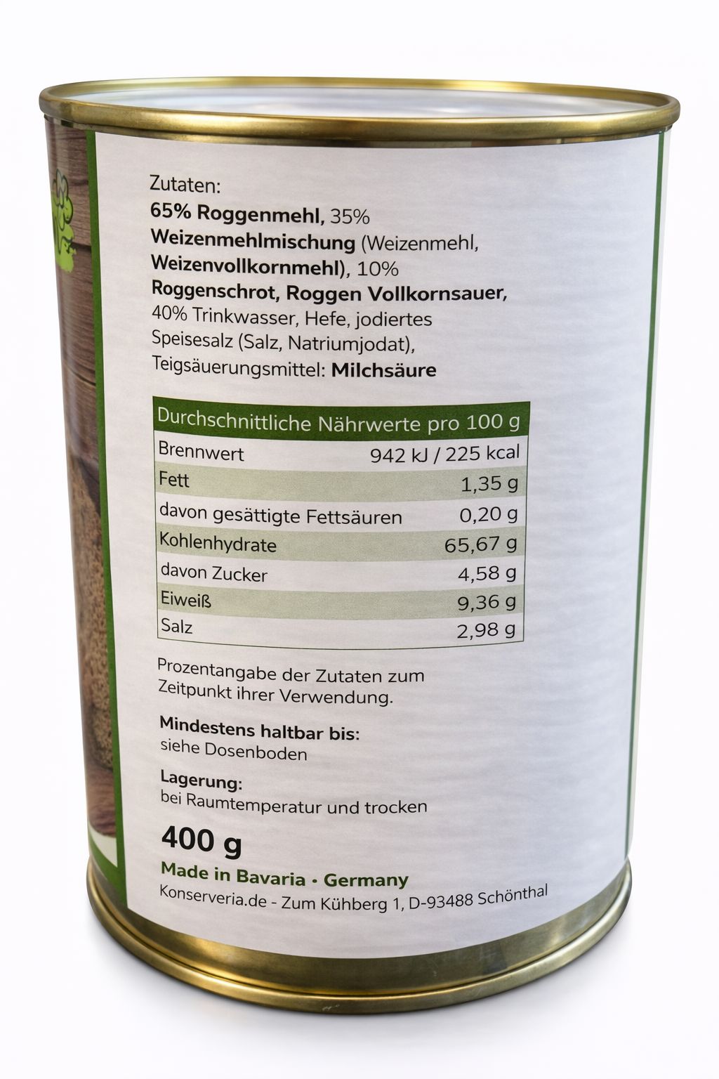 Dose mit Etikett, das Nährwertangaben und Zutaten für Roggenschrot Mischbrot zeigt.