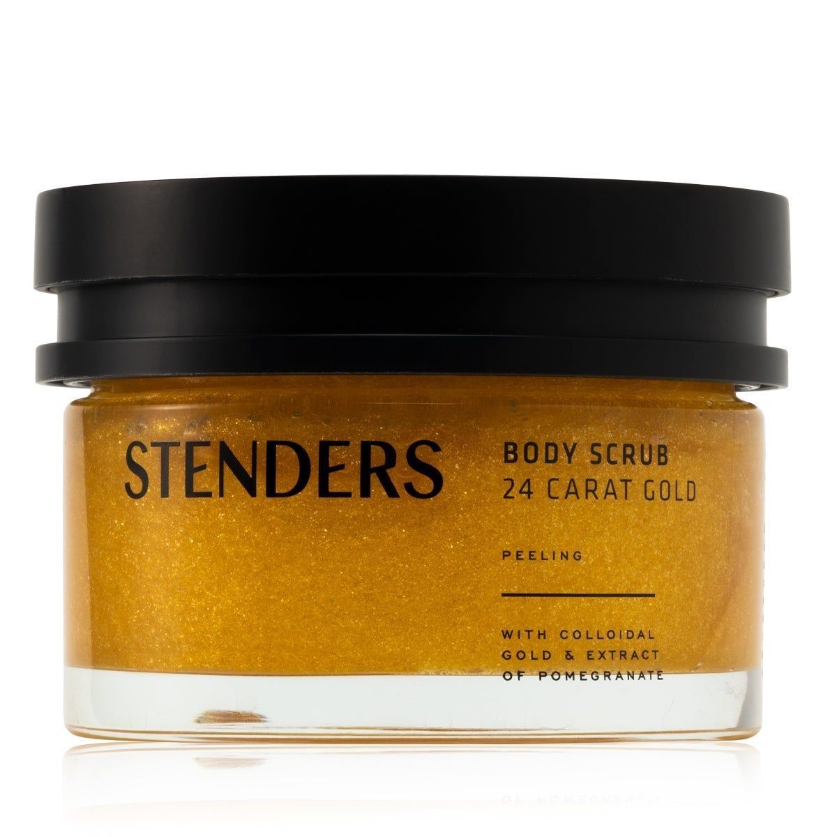 Goldfarbenes Körperpeeling in einem Glasbehälter mit schwarzem Deckel. Aufschrift: STENDERS, BODY SCRUB 24 CARAT GOLD.