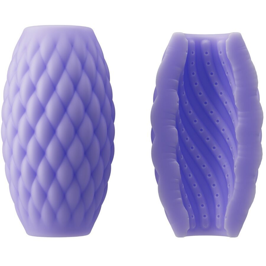 Lila, ovales Produkt mit rautenförmiger Oberfläche. Innen mit spiralförmigen Rillen und Noppen. Zwei Ansichten.