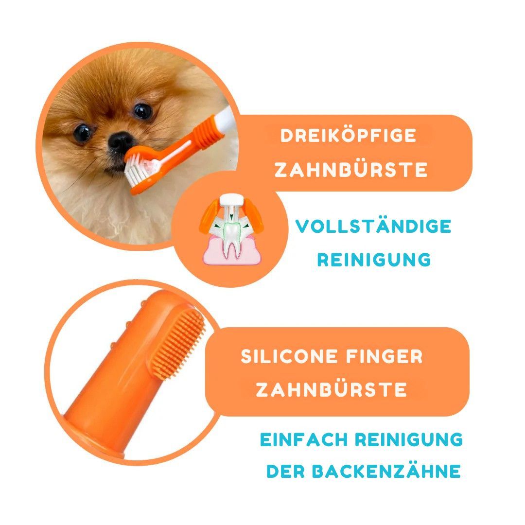Hund mit dreiköpfiger Zahnbürste im Maul. Fingerzahnbürste. Text: Dreiköpfige Zahnbürste, Vollständige Reinigung, Silikon-Fingerzahnbürste, Einfache Reinigung der Backenzähne.