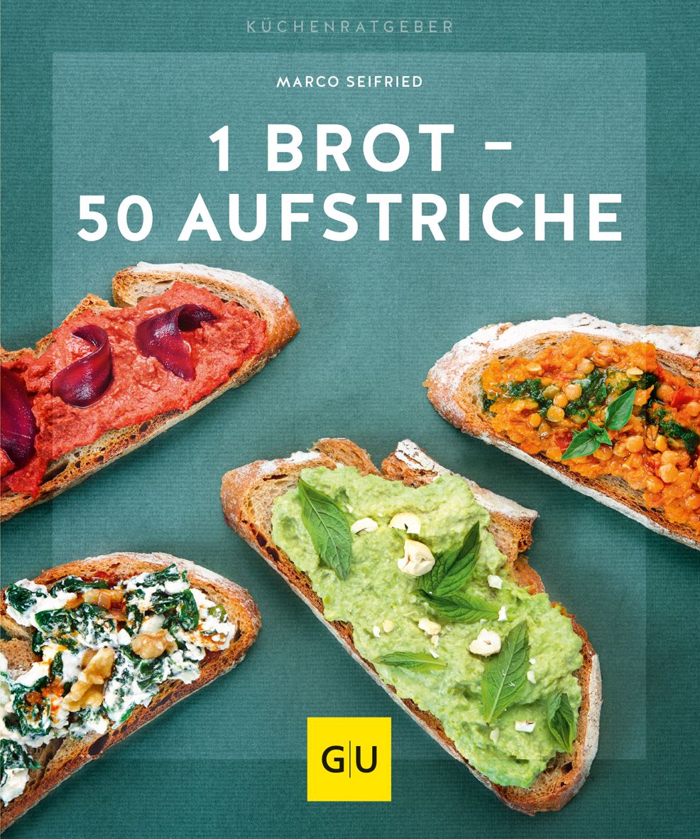 Buchcover mit Brotscheiben, belegt mit Aufstrichen. Titel: 1 Brot - 50 Aufstriche. Autor: Marco Seifried. Verlag: GU. Aufschrift: Küchenratgeber.