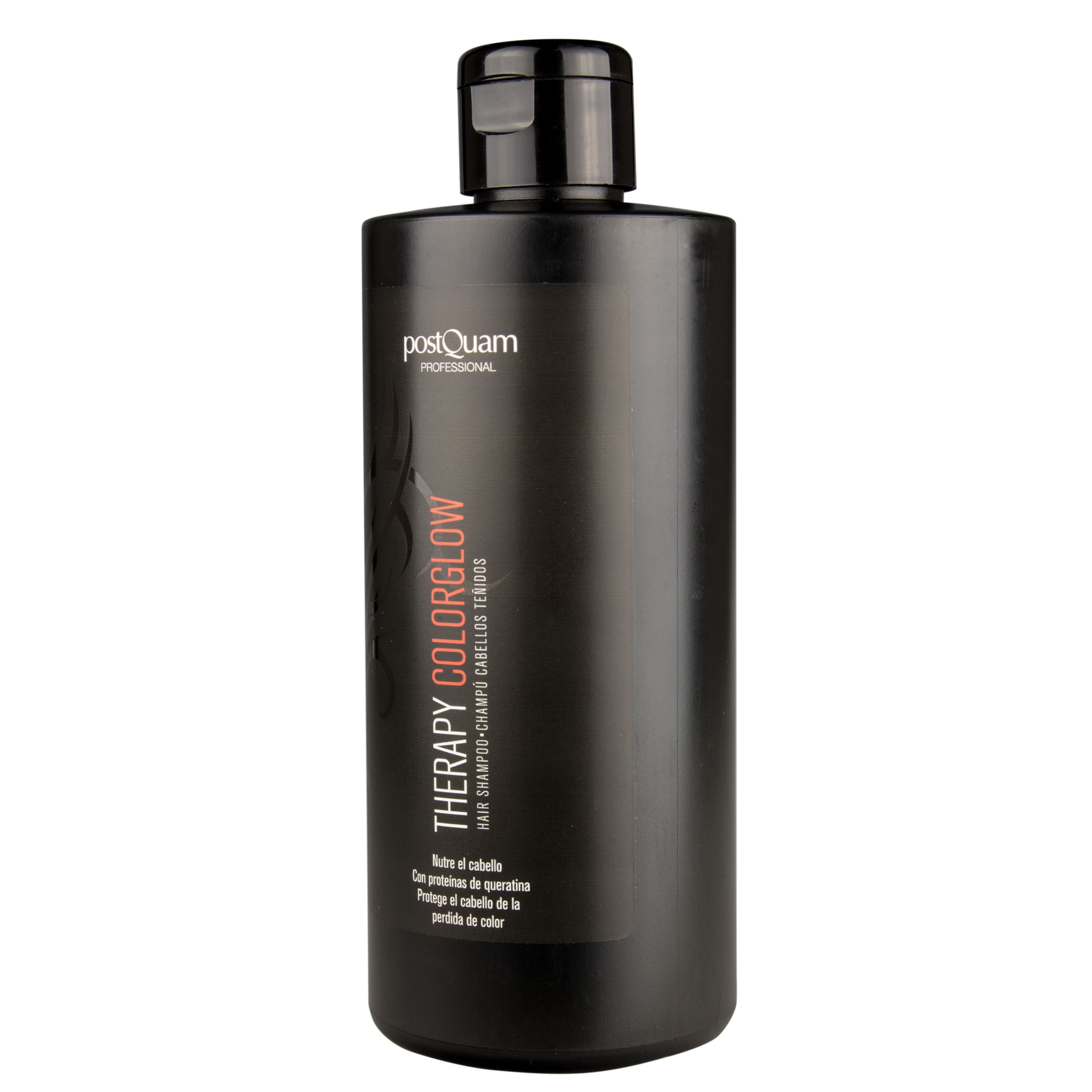 Schwarze Shampoo-Flasche mit schwarzem Deckel. Aufschrift: Therapy Color Glow, PostQuam. Text in Rot und Weiß. Für coloriertes Haar.