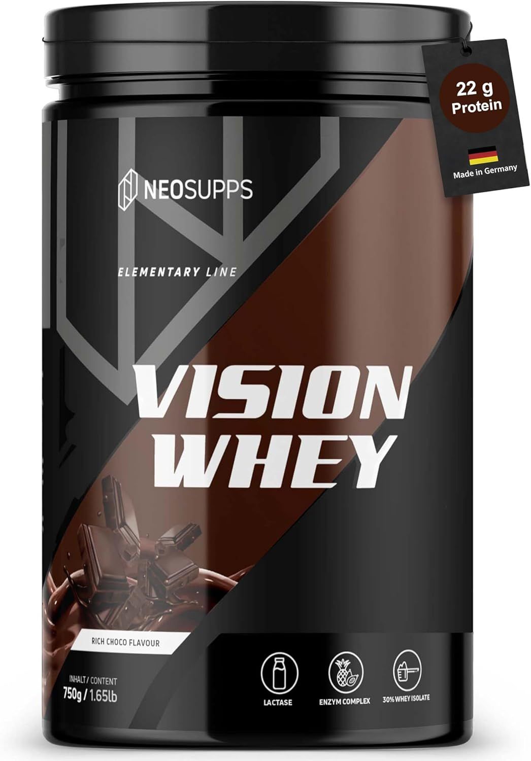 Dose Vision Whey, Rich Choco Flavour. Aufschrift: 22 g Protein, Elementary Line, 750g/1.65lb. Mit Laktase, Enzymkomplex, 30% Whey Isolat.