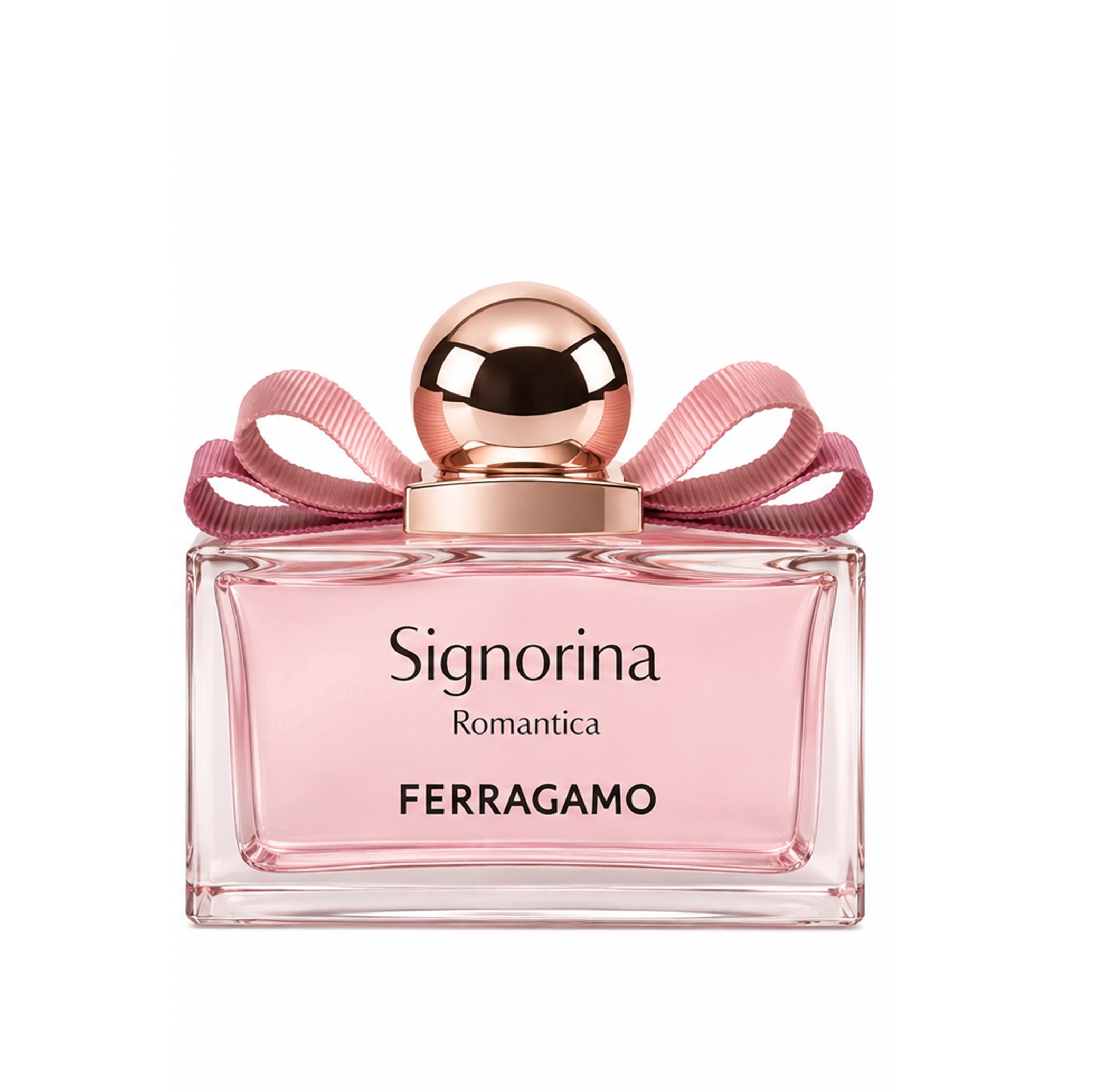 Salvatore Ferragamo Signorina Romantica Eau de Parfum Flakon mit rosa Schleife und goldenem Verschluss.