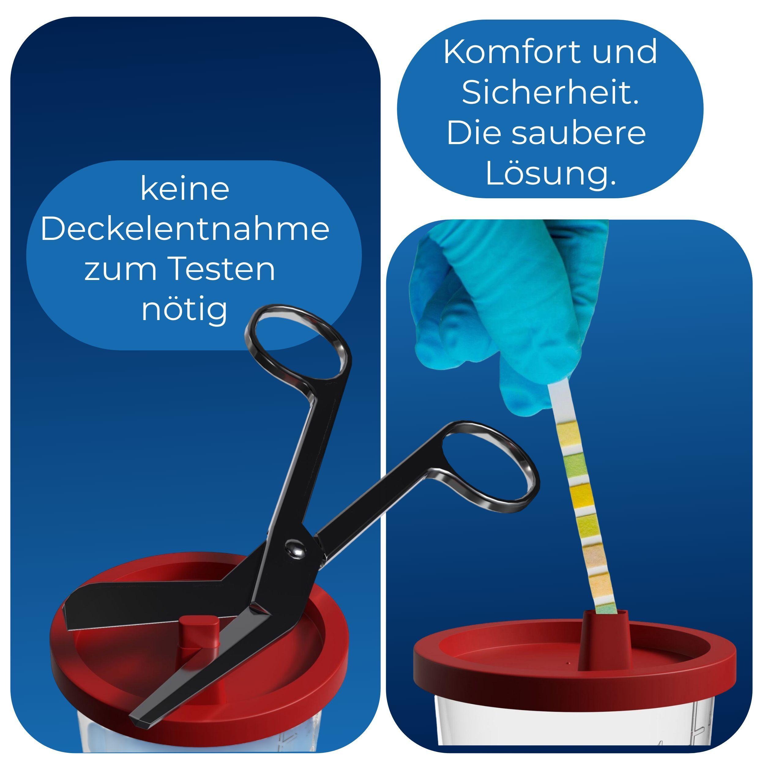 Becher mit rotem Deckel und Schere. Teststreifen wird in den Becher gehalten. Beschriftung: 'Komfort und Sicherheit'.