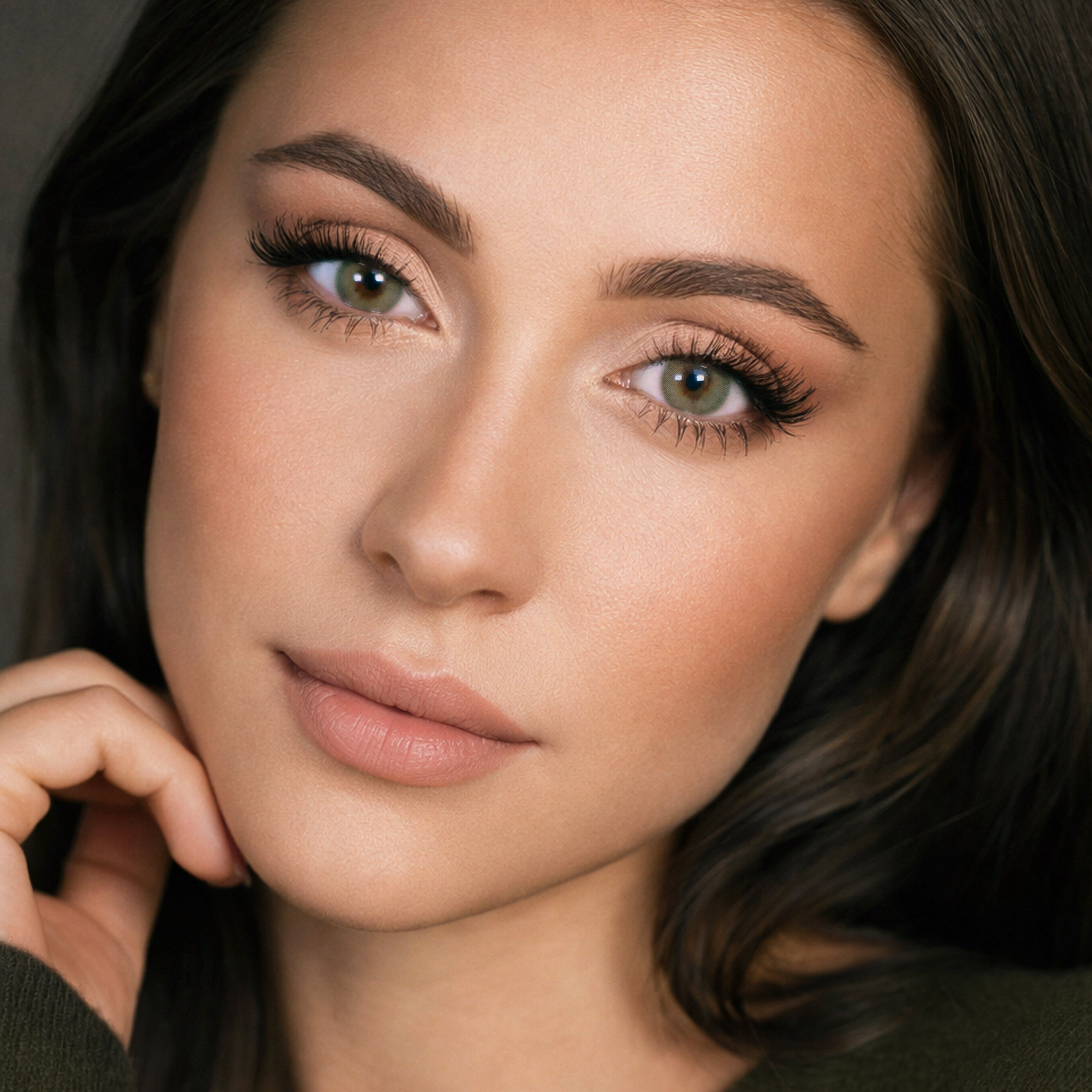 Porträt einer Frau mit grünen Augen. Schminke. Dunkelgrünes Oberteil.