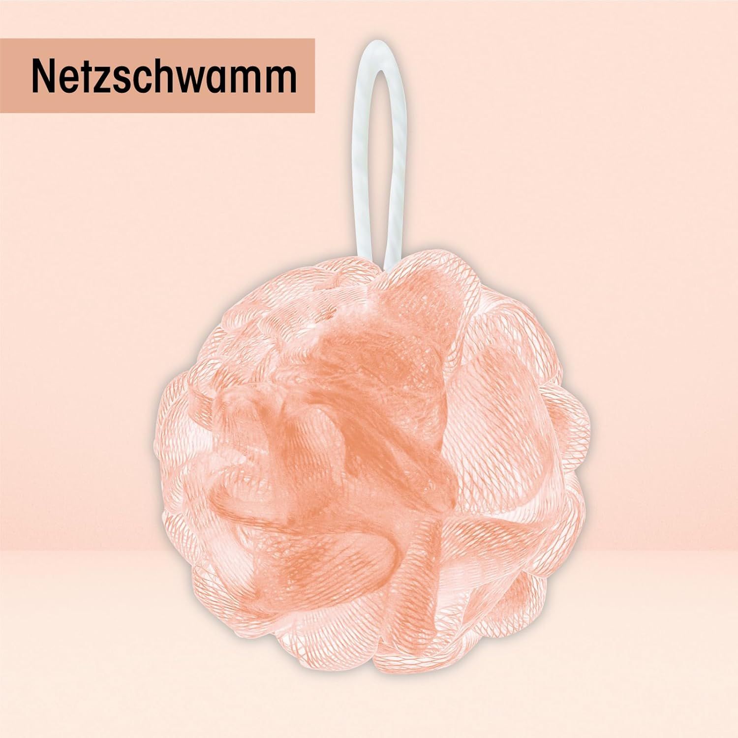 Pfirsichfarbener Badeschwamm mit weißem Band. Runde Form. Aufhängeband.
