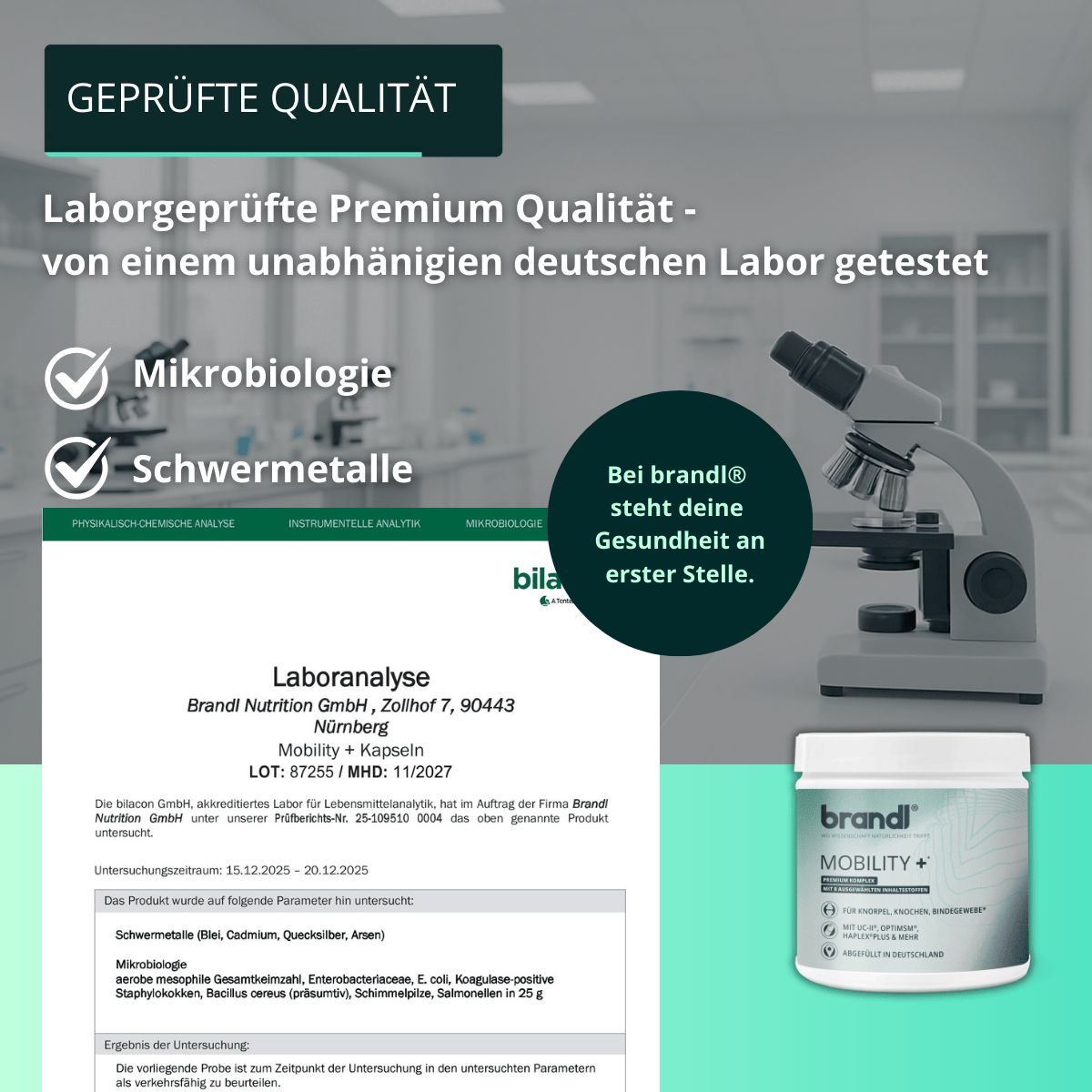 Produktbehälter neben Laboranalyse und Mikroskop. Text: Laboranalyse, Mikrobiologie, Schwermetalle. Bei brandl® steht deine Gesundheit an erster Stelle.