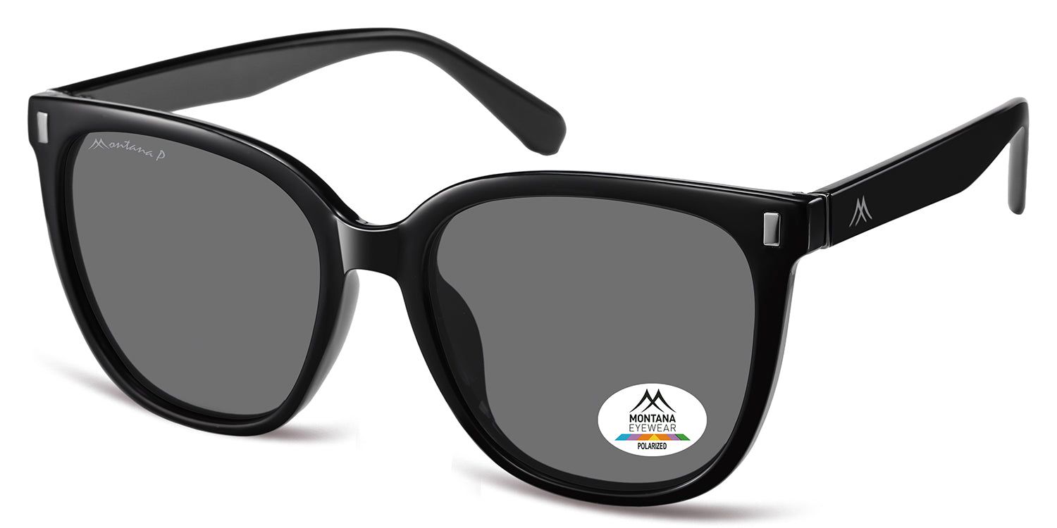 Schwarze Sonnenbrille mit grauen Gläsern. Montana Eyewear Logo am Bügel und Glas. Polarisiertes Glas-Siegel.