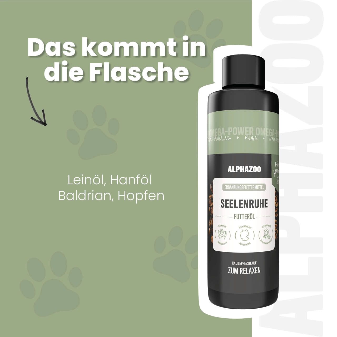 Flasche mit Text: alphazoo, Seelenruhe Futteröl. Pfeil zeigt auf Zutaten: Leinöl, Hanföl, Baldrian, Hopfen.