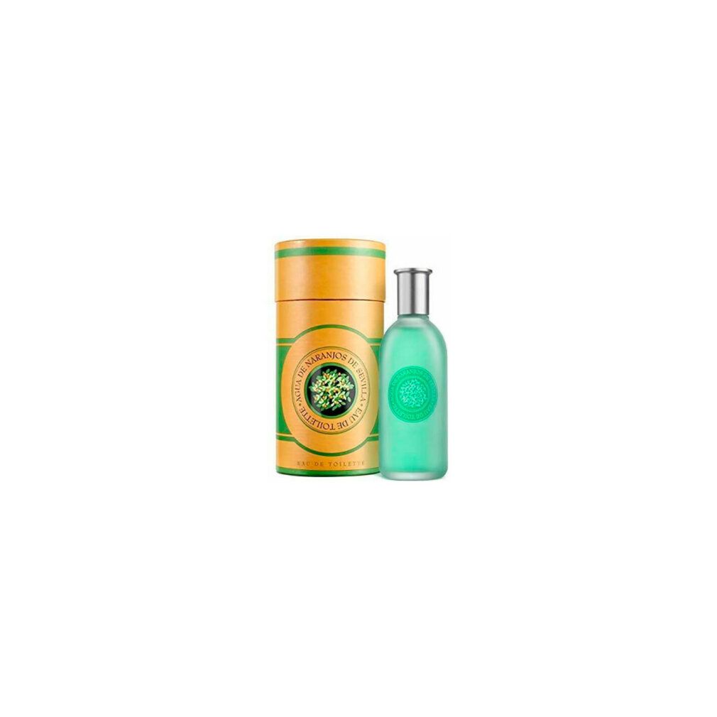Zylindrische Verpackung und Flakon. Grünliche Flüssigkeit. Silberner Verschluss. Aufschrift: Agua De Sevilla Eau De Toilette.