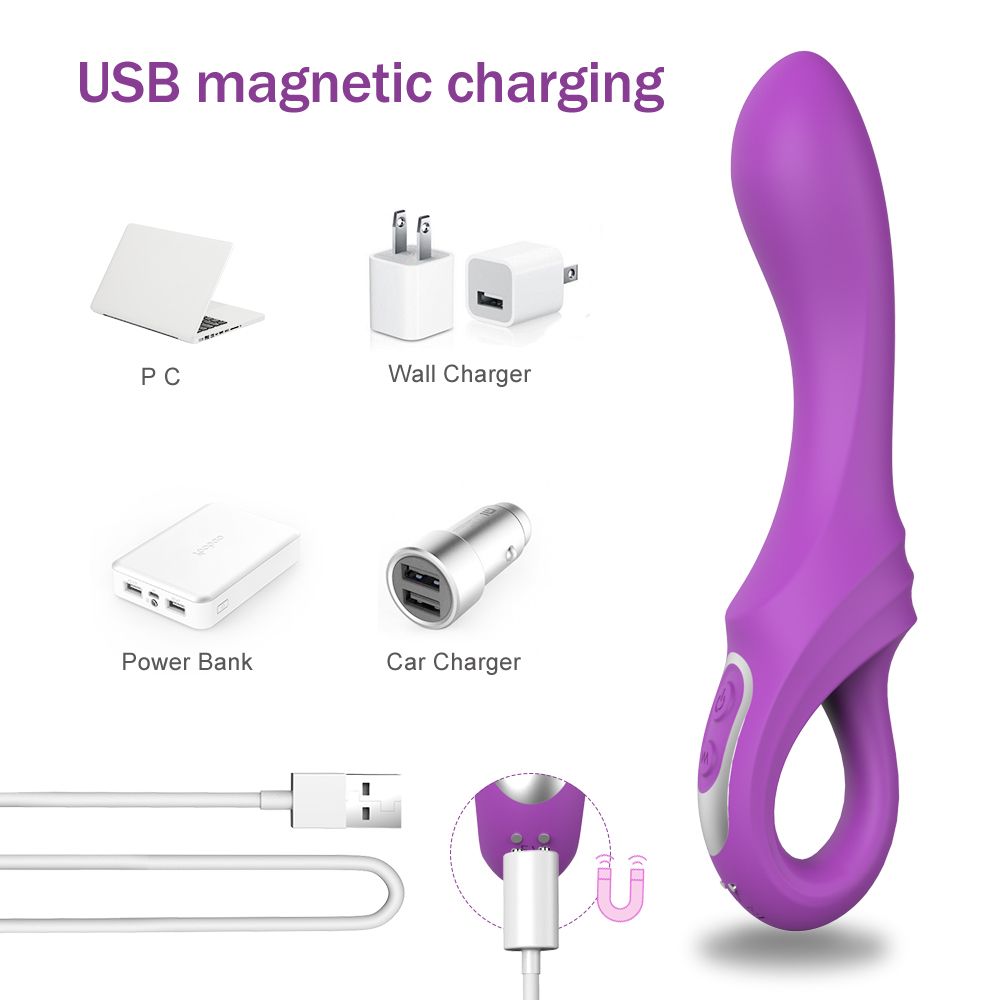 Lila Vibrator mit USB-Ladezubehör. Zwei Knöpfe, silberne Akzente. PC, Ladegeräte, Powerbank, Autoladegerät.
