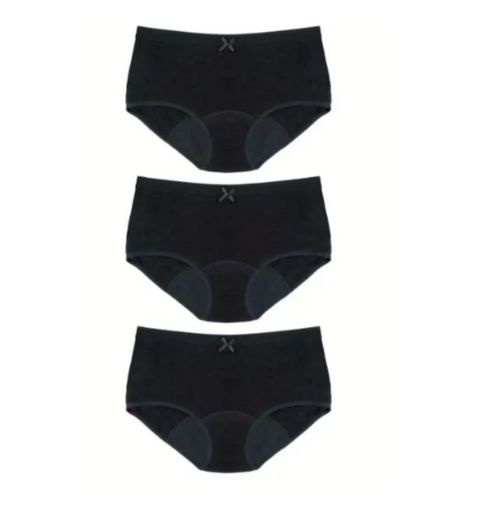 Drei schwarze Hipster-Periodenunterwäsche. Mit Schleife vorne. Blick von vorne.