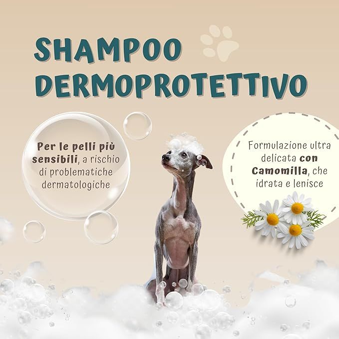 Hund in Seifenblasen. Text: Shampoo dermoprotettivo. Für empfindliche Haut. Ultra-sanfte Formel mit Kamille, die hydratisiert und beruhigt.