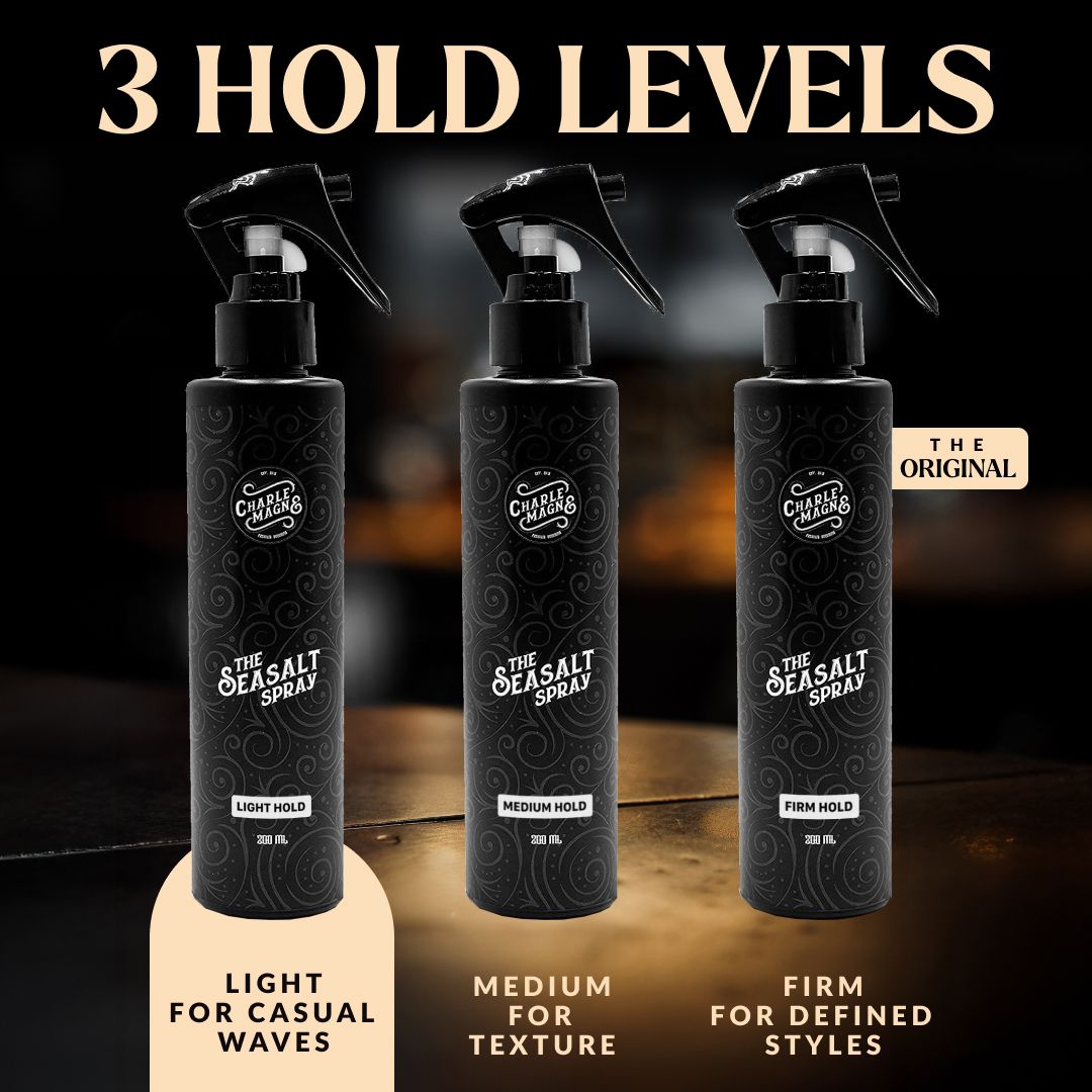 Drei Flaschen The Seasalt Spray mit leichten, mittleren und festen Halt.