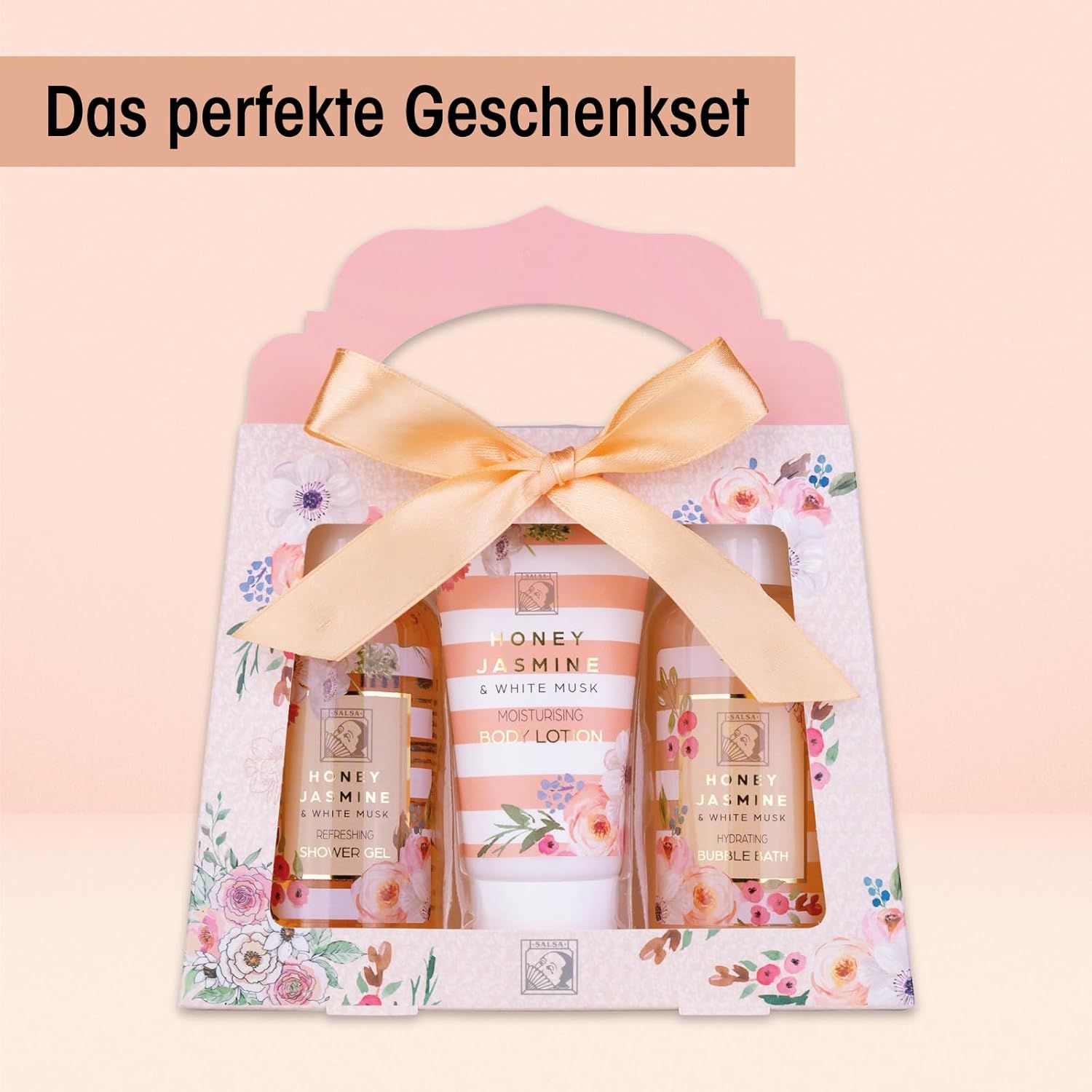 Geschenkset mit Duschgel, Bodylotion und Schaumbad. Verpackt in einer Geschenkbox mit Schleife. Text: Das perfekte Geschenkset.