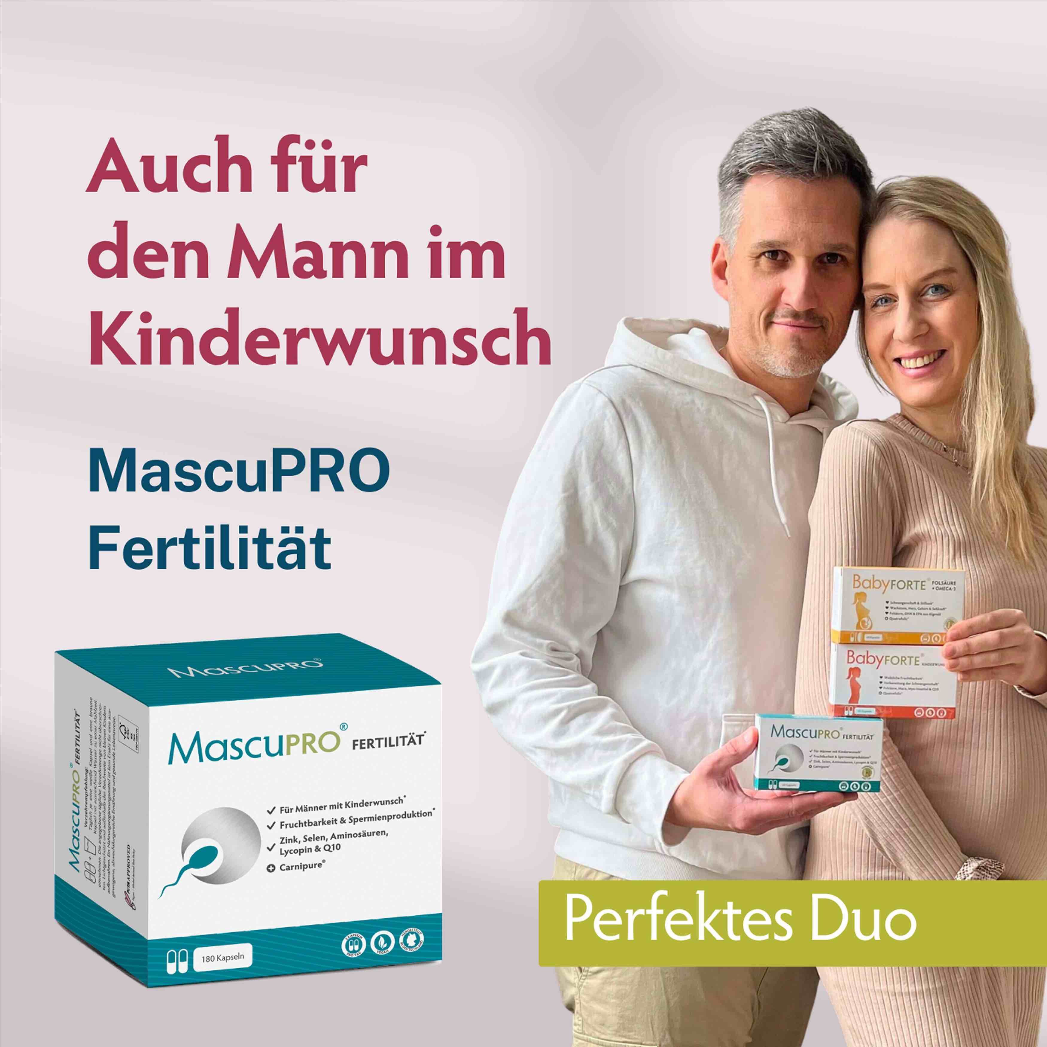 MascuPRO Fertilität Packung. BabyFORTE Packungen. Paar. Text: Auch für den Mann im Kinderwunsch. Perfektes Duo.