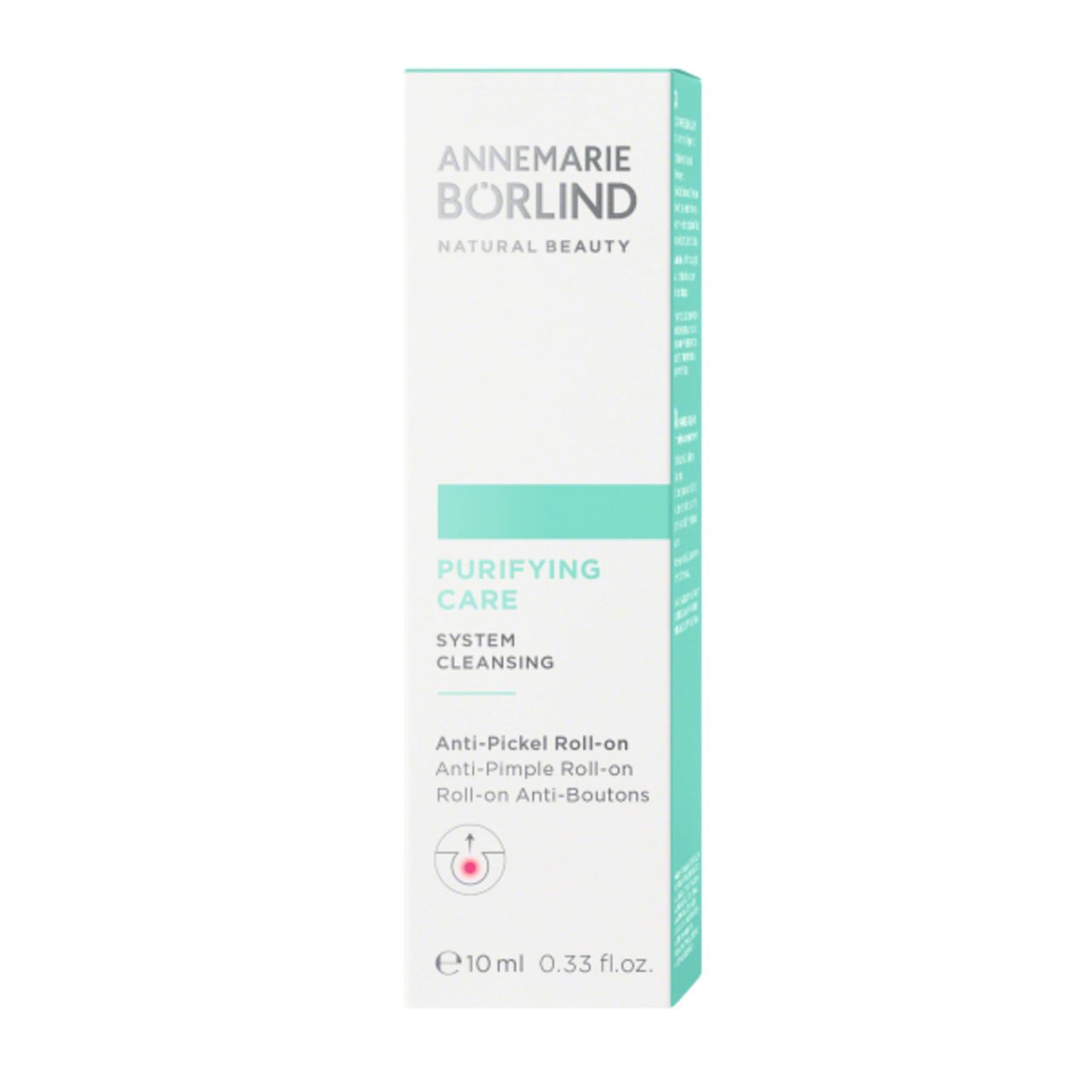 Weißer Roll-on mit Kappe. Beschriftung: PURIFYING CARE, Anti-Pickel Roll-on. 10ml.