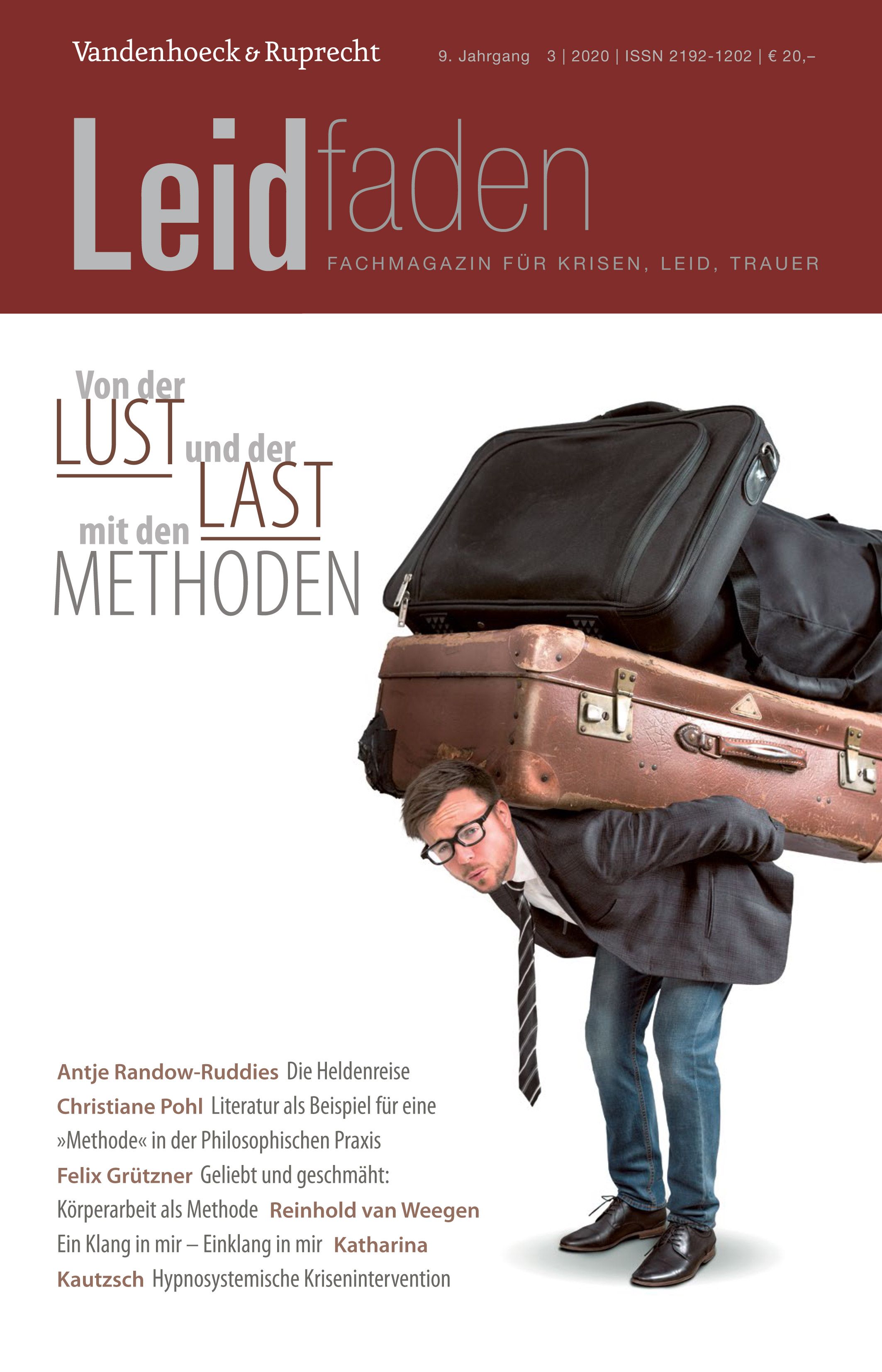 Cover des Fachmagazins Leidfaden. Titel: Von der Lust und der Last mit den Methoden. Mann trägt Koffer. Verlag Vandenhoeck & Ruprecht.