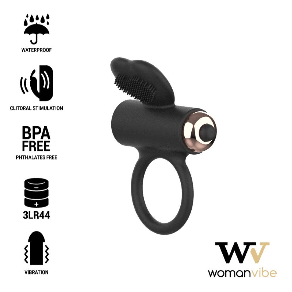 Schwarzer Penisring mit Vibrationsfunktion. Ring, Zylinder, Aufsatz mit Noppen. Logos: Womanvibe, Icons.