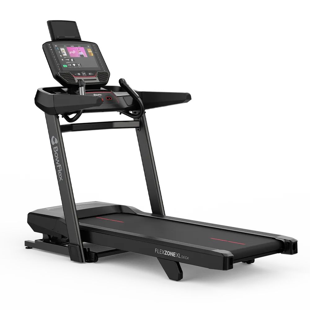 Schwarzes Laufband mit Touchscreen-Display und dem Markennamen BowFlex. Text: FLEXZONE XL.