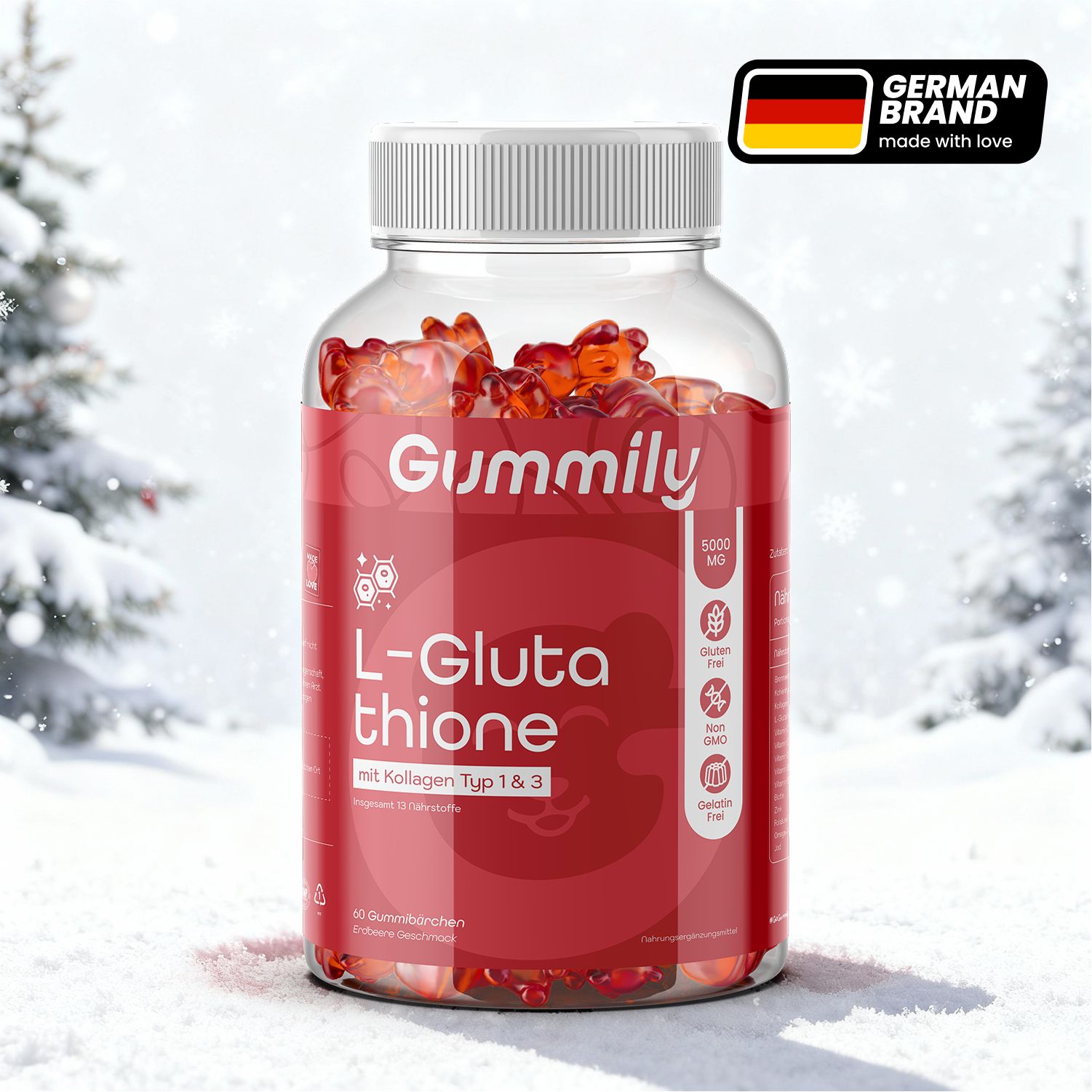 Glasflasche mit roten Gummibärchen. Aufschrift: L-Glutathion mit Kollagen Typ 1 & 3. Glutenfrei, GMO-frei, Gelatinefrei.