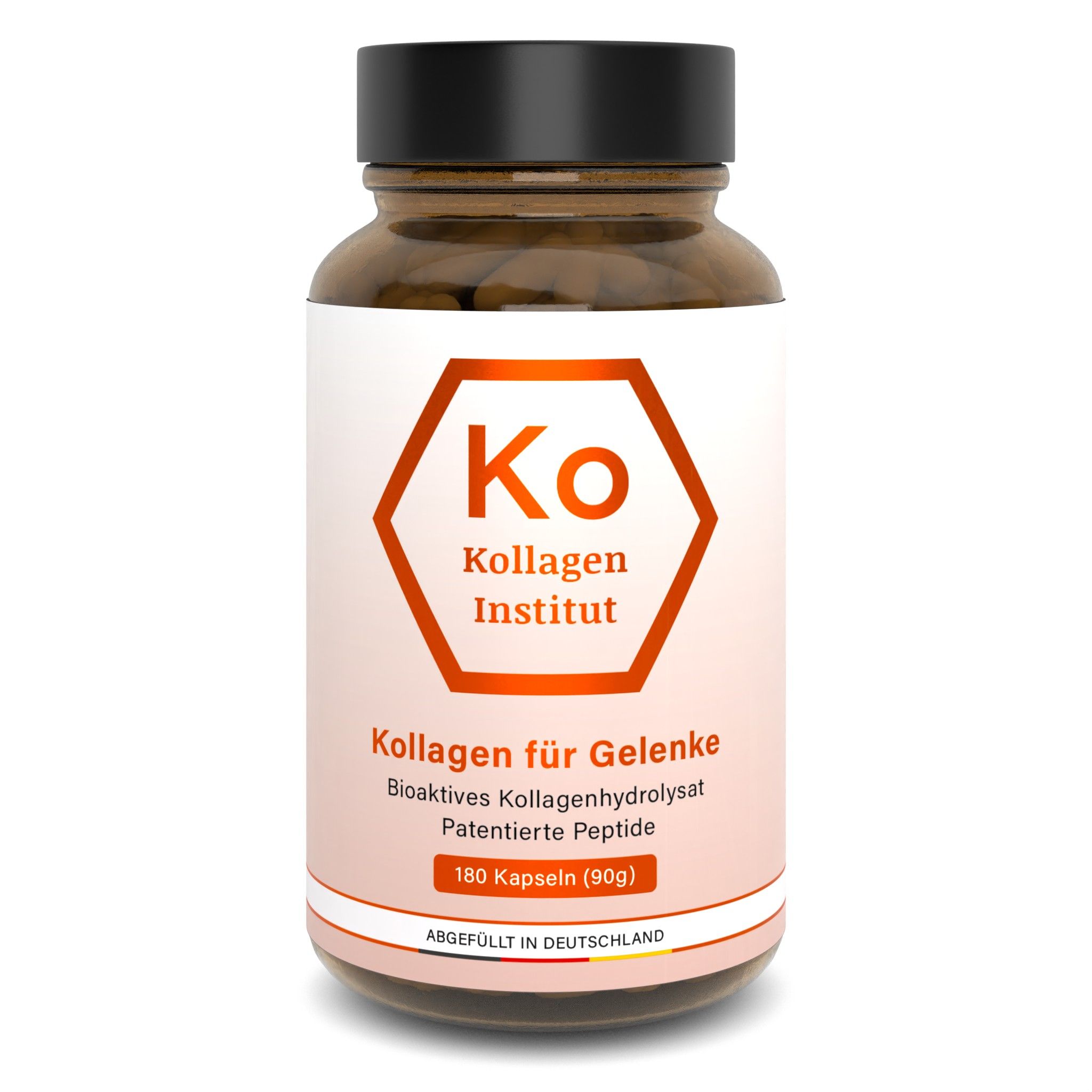 Eine Flasche Kollagen für Gelenke von Kollagen Institut, 180 Kapseln (90g).