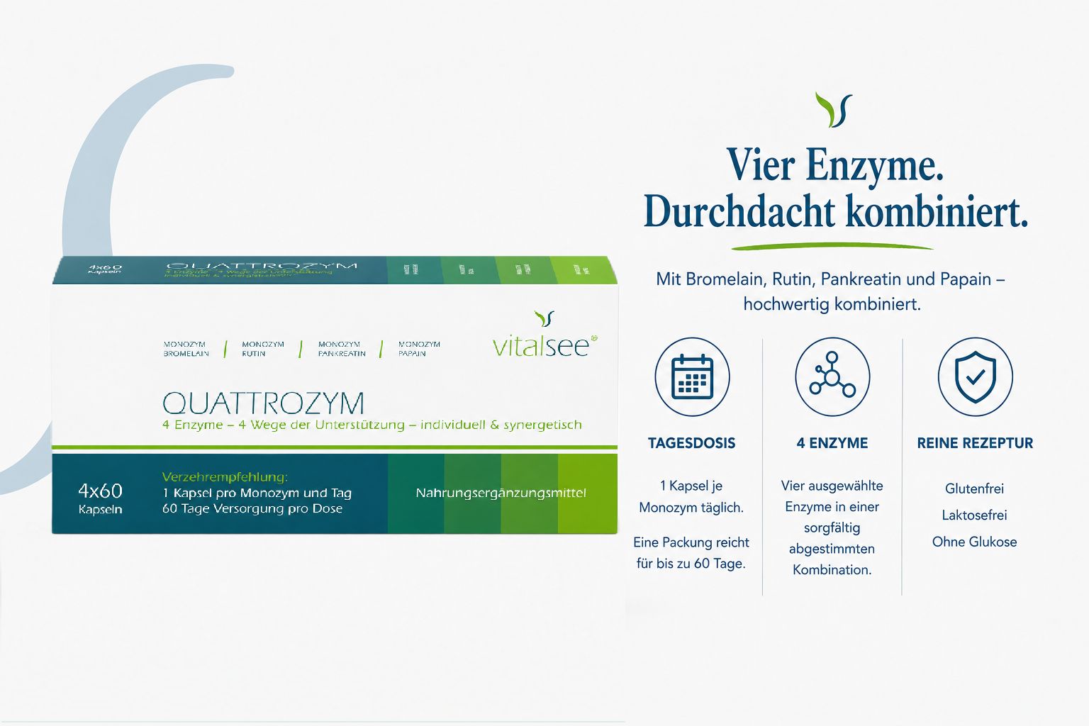 Grafik des Verdauungssystems, kennzeichnet 'Enzyme', mit Icons für zuckerfrei, glutenfrei, laktosefrei.