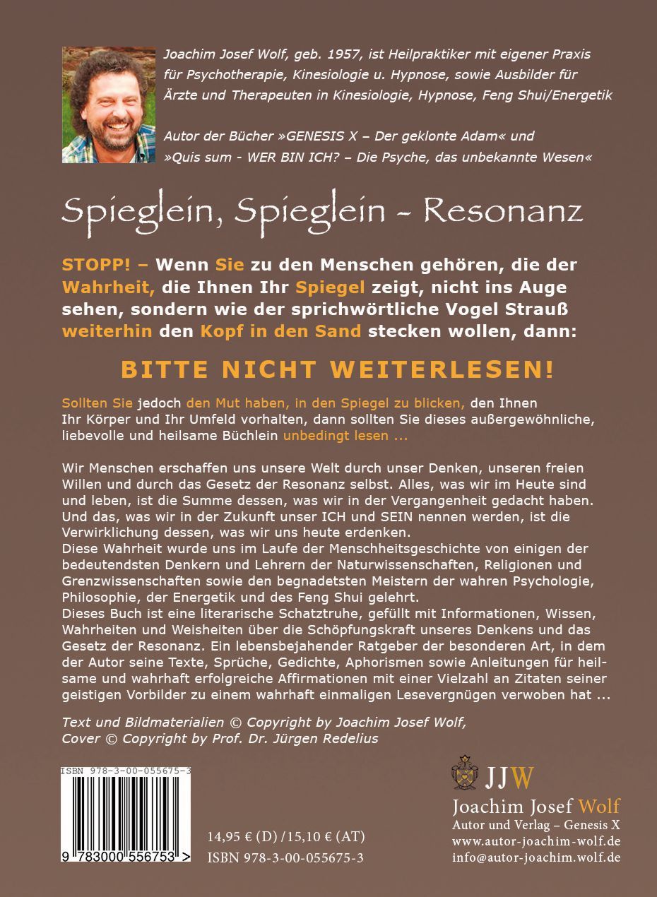 Buchrückseite: Titel Spieglein, Spieglein - Resonanz. Text über Autor und Inhalt. ISBN- und Preisangaben.