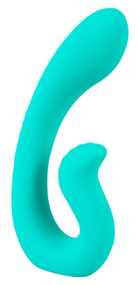 Türkisfarbener Vibrator mit geschwungener Form. Eine Seite mit Rillen.
