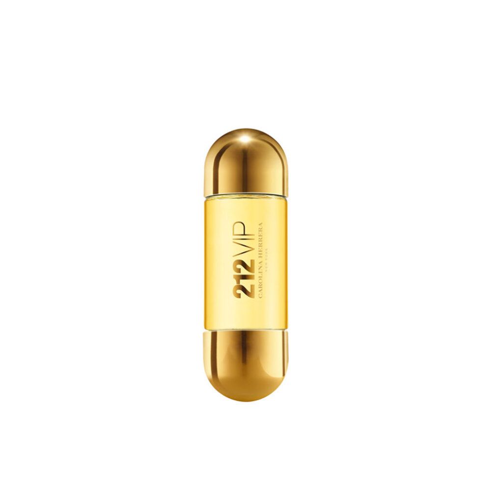 Goldfarbener Flakon. Aufschrift: 212 VIP, Carolina Herrera. Gelbe Flüssigkeit sichtbar.