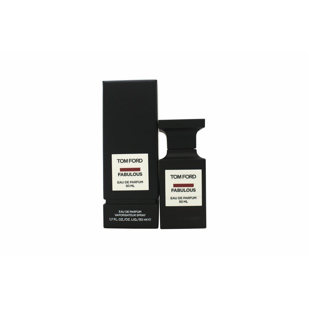 Schwarze Flasche und Verpackung von Tom Ford Fucking Fabulous Eau De Parfum Spray. Aufschrift: Fabulous, Eau De Parfum, 50 ml.