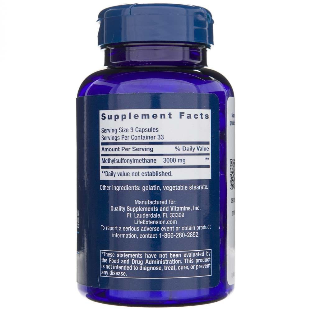 Rückseite der Life Extension MSM 1000 mg Flasche mit Nährwertangaben und Herstellerinformationen.