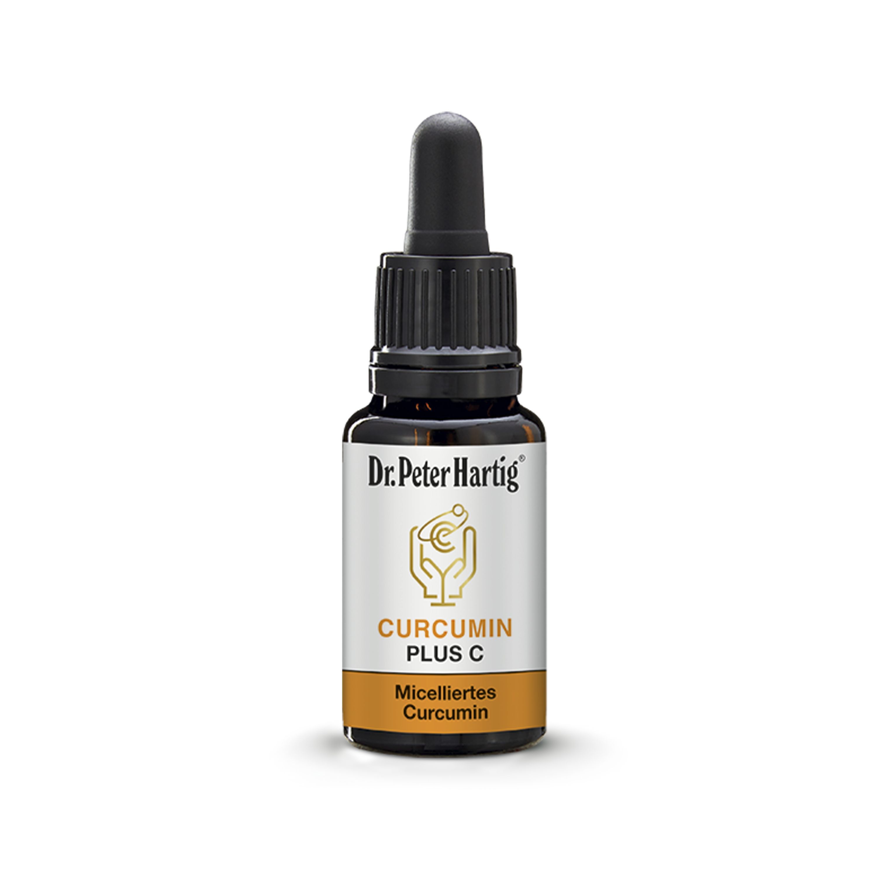 Braune Glasflasche mit schwarzem Deckel und Pipette. Etikett mit Produktnamen und Logo.