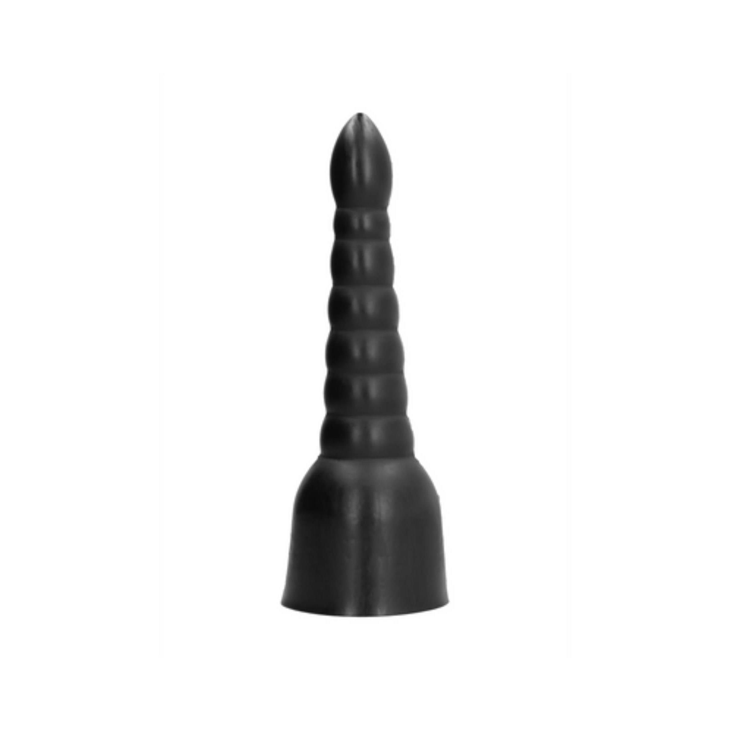 Schwarzer Dildo mit Stufenform. Kegelförmige Spitze, geriffelte Oberfläche. Basis breiter als Spitze.