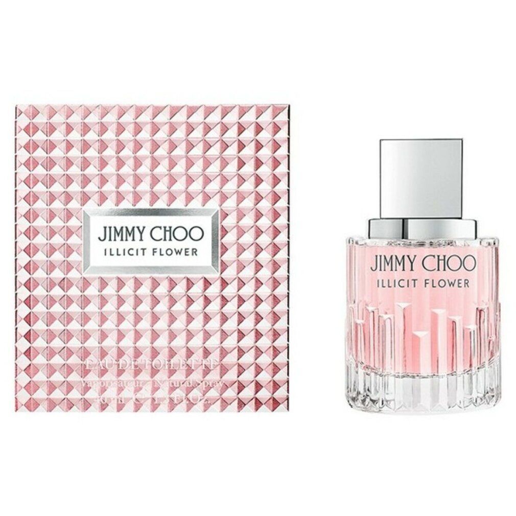 Jimmy Choo Illicit Flower Eau De Toilette Spray. Rosa Flakon mit silbernem Deckel, neben einer rosa Schachtel mit geometrischem Muster und Logo.