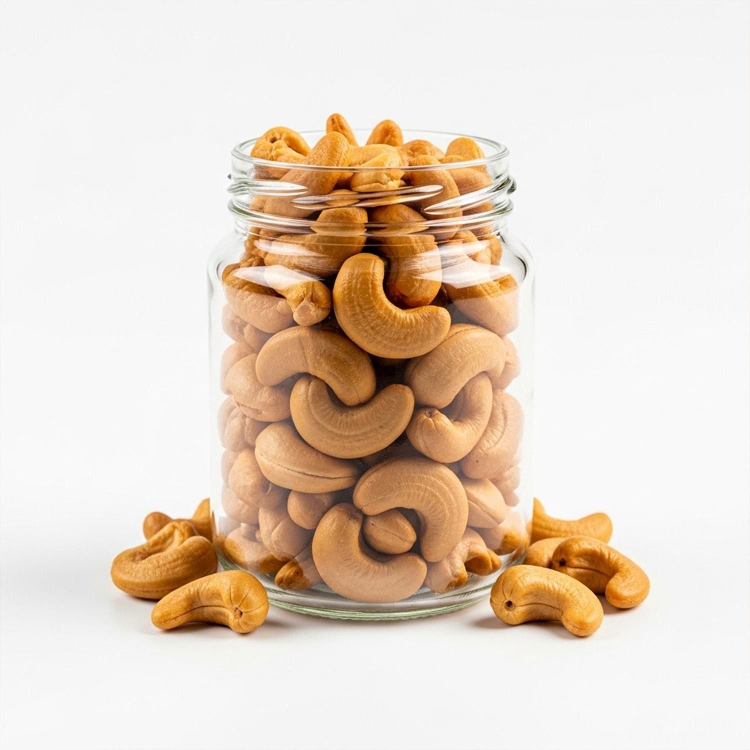 Glas gefüllt mit gerösteten Cashewkernen, einige Kerne liegen daneben.