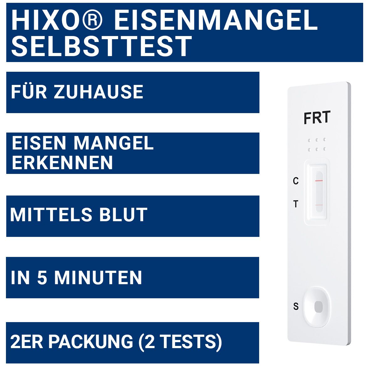 Weißes Testgerät mit FRT-Aufdruck und einem roten Streifen. Text: HIXO Eisenmangel Selbsttest, Für Zuhause, Eisen Mangel erkennen, Mittels Blut, In 5 Minuten.