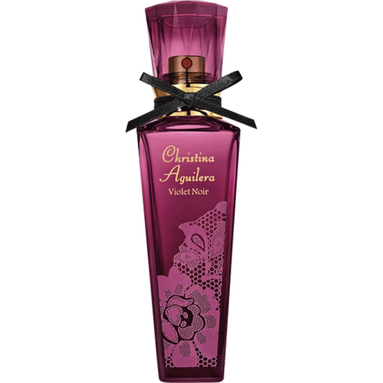 Violett-farbener Flakon mit schwarzer Schleife. Aufschrift: Christina Aguilera, Violet Noir. Flakon mit floralem Muster.
