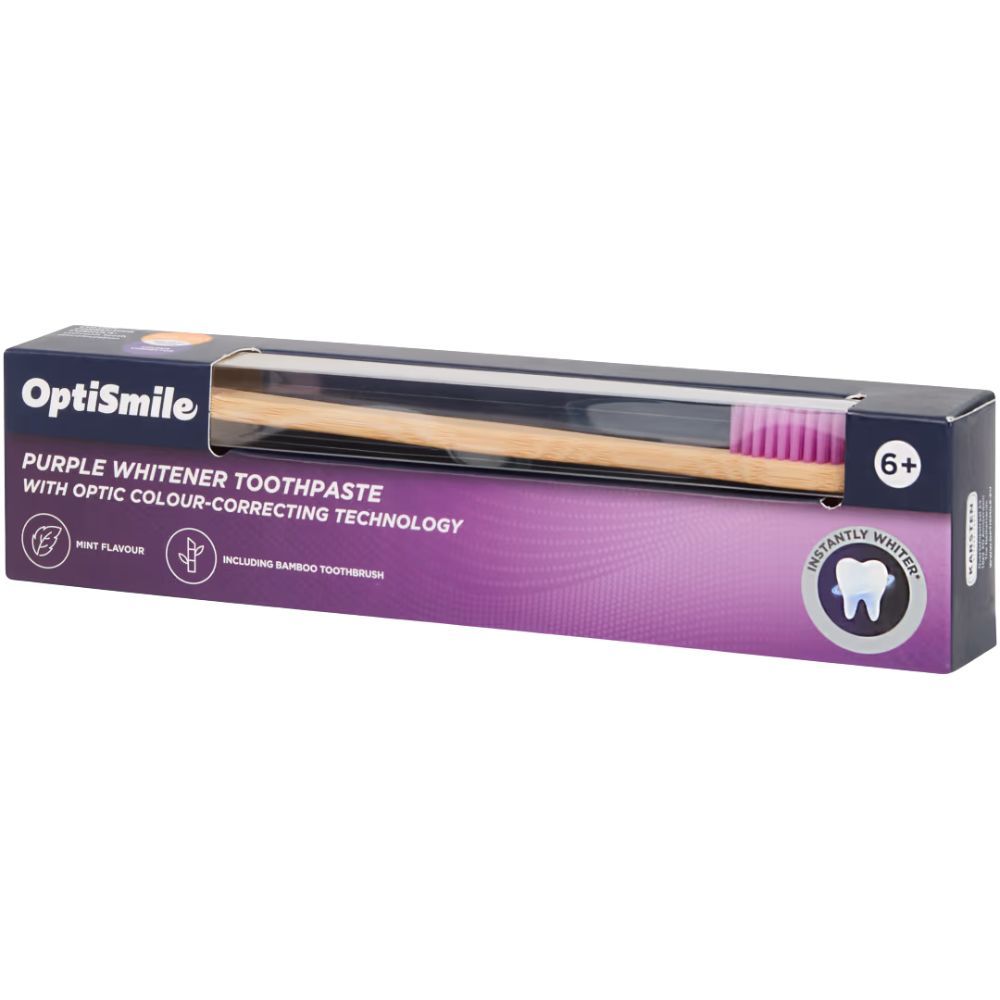 Verpackung mit Zahnbürste. Holzzahnbürste mit lila Borsten. OptiSmile Purple Whitener Toothpaste.