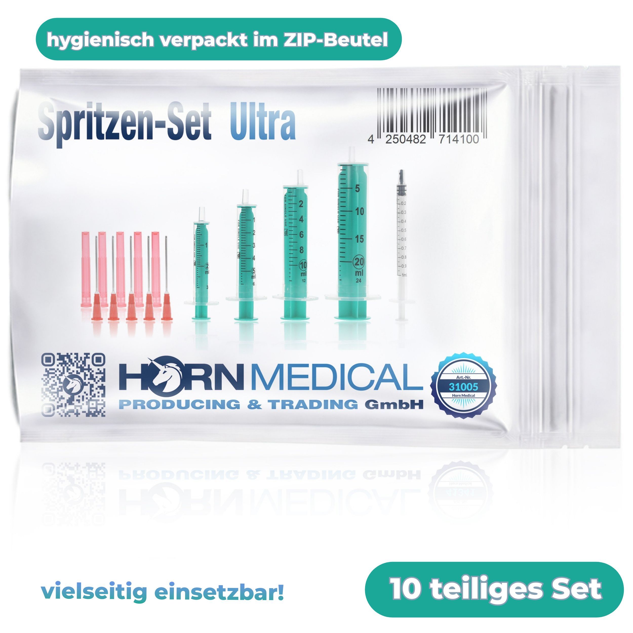 Spritzen-Set ULTRA in Folienverpackung. 10-teiliges Set. Horn Medical Logo. Vielseitig einsetzbar!
